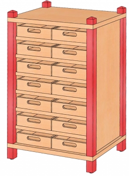 Stollenschrank mit flachen Massivholzkästen, 80 cm hoch