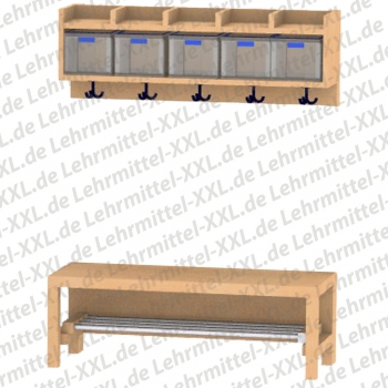 Garderobe mit Umkleidebank, Ablagefächer mit Boxen