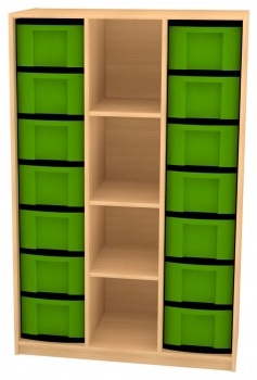 Materialschrank 14 hohe Boxen, 4 offene Fächer