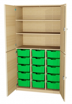 Materialschrank 15 hohe Boxen, 3 Fächer