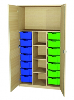 Materialschrank 14 hohe Boxen, 5 offene Fächer