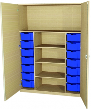 Materialschrank 14 flache Boxen, 5 offene Fächer
