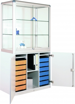 Austellungsvitrine mit Unterschrank, 12 flache Boxen, mit ESG- Sicherheitsglas