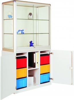 Ausstellungsvitrine mit Unterschrank, 6 hohen Boxen, mit ESG- Sicherheitsglas