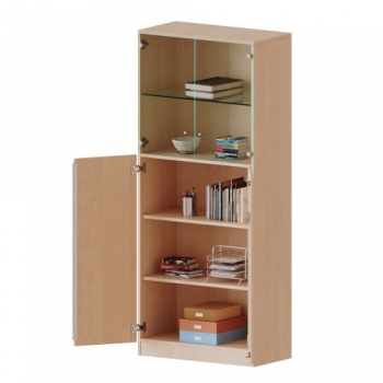 Schrank, 5 Ordnerhöhen, Türen unten (2 OH), oben 3 Vitrinentüren