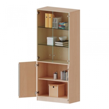 Schrank, 5 Ordnerhöhen, Türen unten (2 OH), oben 3 Vitrinentüren