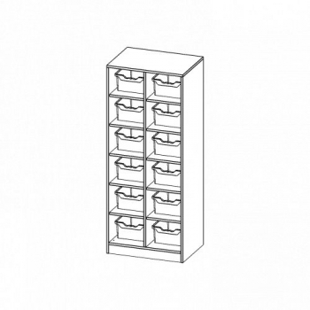 Taschenregal, 4,5 Ordnerhöhen und 12 hohen Ergo Tray Boxen