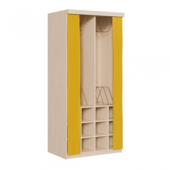 Liegepolsterregal mit Vorhang, 227 cm hoch, oben Polster, unten Bettzeugfächer