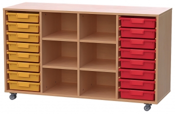 Materialcontainer fahrbar, mit 16 flachen Modulboxen