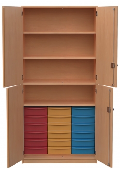 Materialschrank mit 4 Türen und 18 flachen Modulboxen