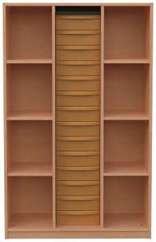 Materialschrank offen mit 14 flachen Modulboxen