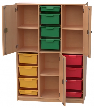 Materialschrank mit 3 flachen u. 9 hohen Modulboxen