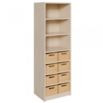 Korpus-Regal mit Materialkästen und offenen Fächern