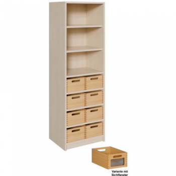 Korpus-Regal mit Materialkästen und offenen Fächern