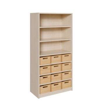 Korpus-Regal mit Materialkästen und offenen Fächern