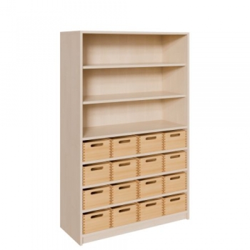 Korpus-Regal mit Materialkästen und offenen Fächern