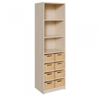 Korpus-Regal mit Materialkästen und offenen Fächern