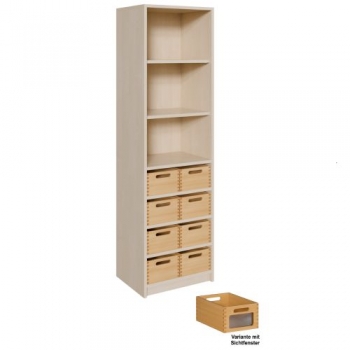 Korpus-Regal mit Materialkästen und offenen Fächern