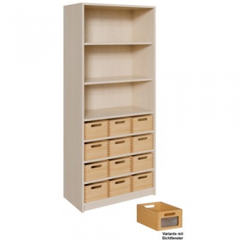Korpus-Regal mit Materialkästen und offenen Fächern