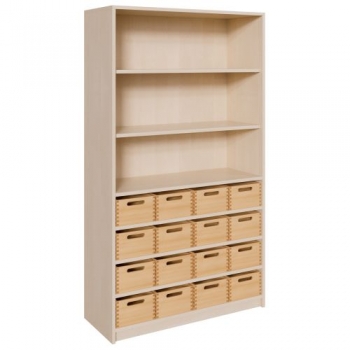 Korpus-Regal mit Materialkästen und offenen Fächern