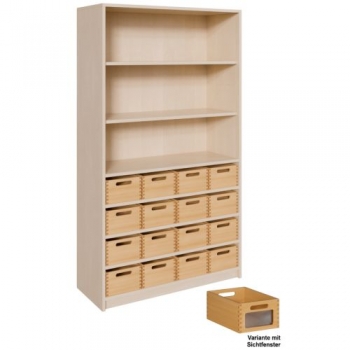 Korpus-Regal mit Materialkästen und offenen Fächern