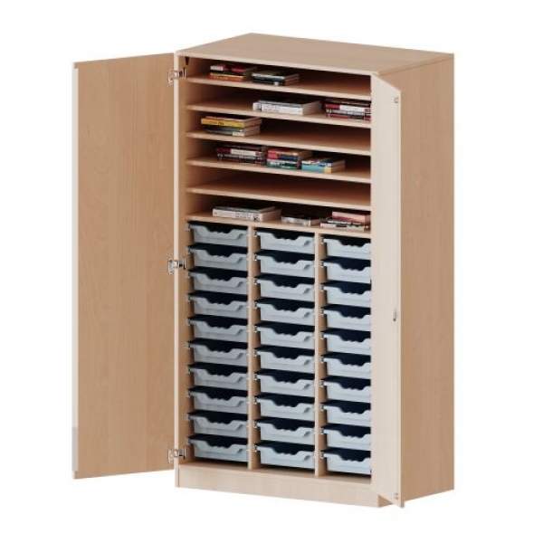 Bastelschrank 4-türig mit 30 flachen ErgoTray Boxen, 104,5x190x65 cm