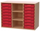Materialcontainer mit 16 flachen Modulboxen als Aufsatz
