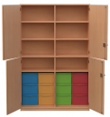 Materialschrank mit 4 T&uuml;ren und 12 hohen Modulboxen